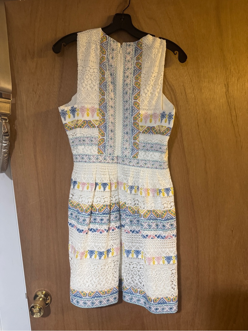 BCBGMaxAzria White Sleeveless Embroidered Lace Dress with Multicolor Trim
